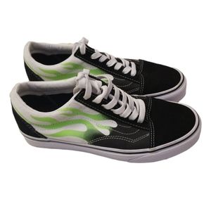 Vans Off The Wall Old Skool Lime Green Flames Skate Shoes Unisex Streetwear Punk